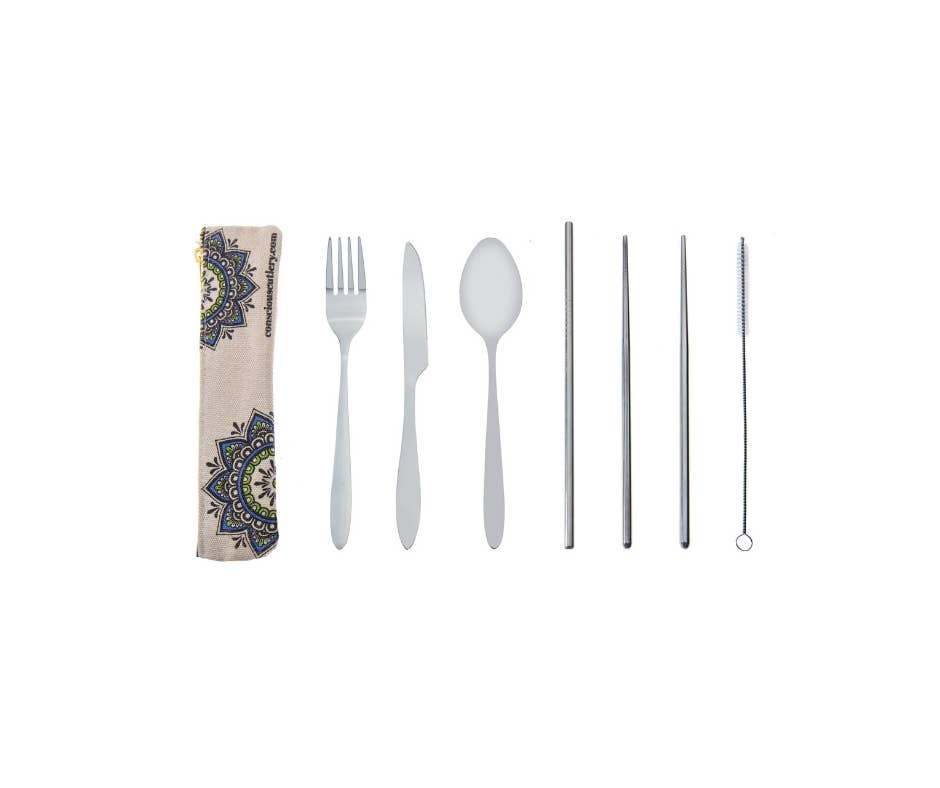 Conscious Cutlery - 7 Piece Travel Cutlery Set With Hemp/Cotton Mandala Pouch