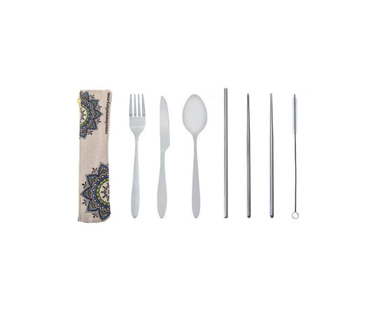 Conscious Cutlery - 7 Piece Travel Cutlery Set With Hemp/Cotton Mandala Pouch