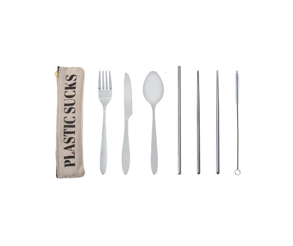 Conscious Cutlery - 7 Piece Travel Cutlery Set With Hemp Pouch Plastic Sucks