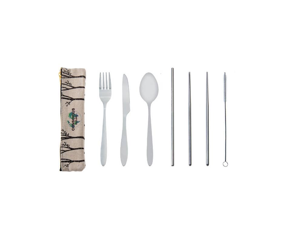 Conscious Cutlery - 7 Piece Travel Cutlery Set With Hemp Pouch Trees