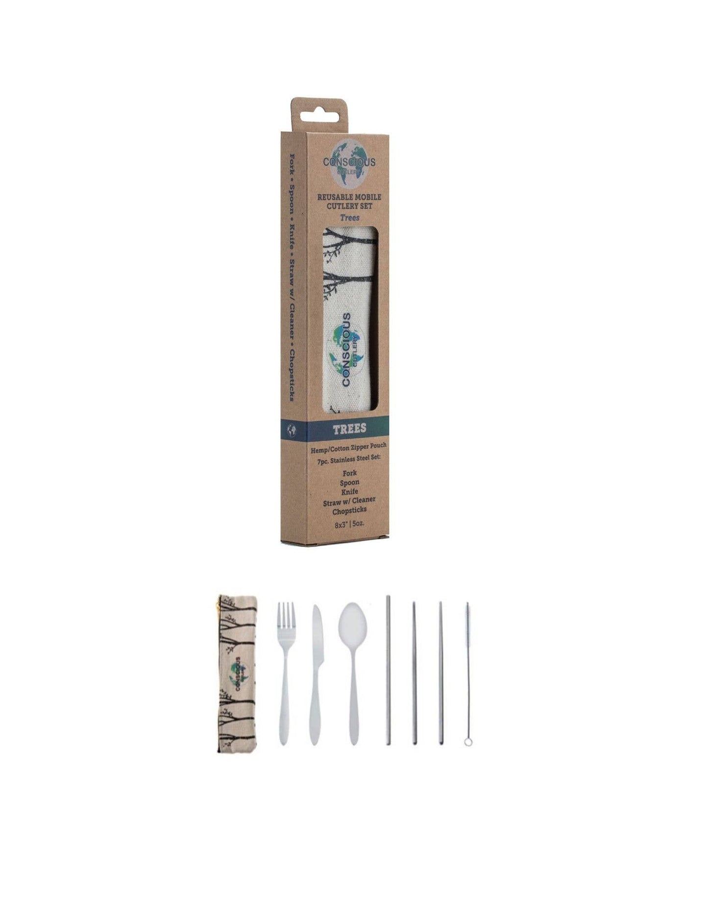 Conscious Cutlery - 7 Piece Travel Cutlery Set With Hemp Pouch Trees