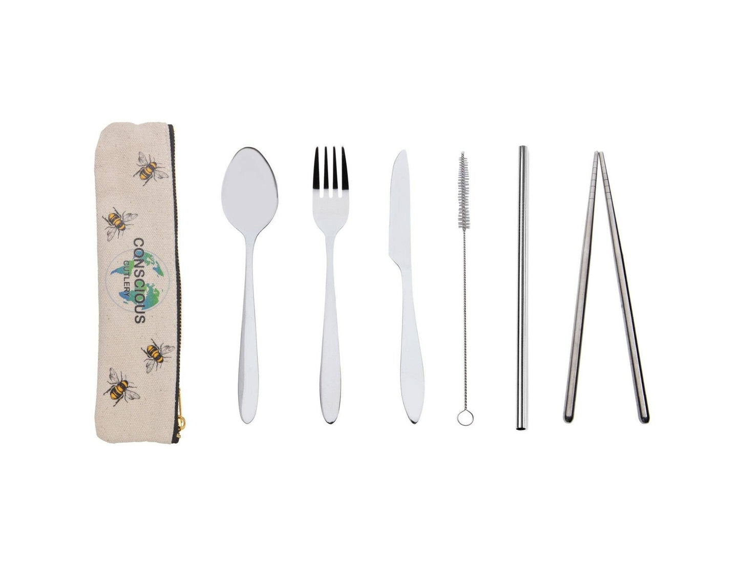 Conscious Cutlery - 7 Piece Travel Cutlery Set With Hemp/Cotton Bee's Pouch