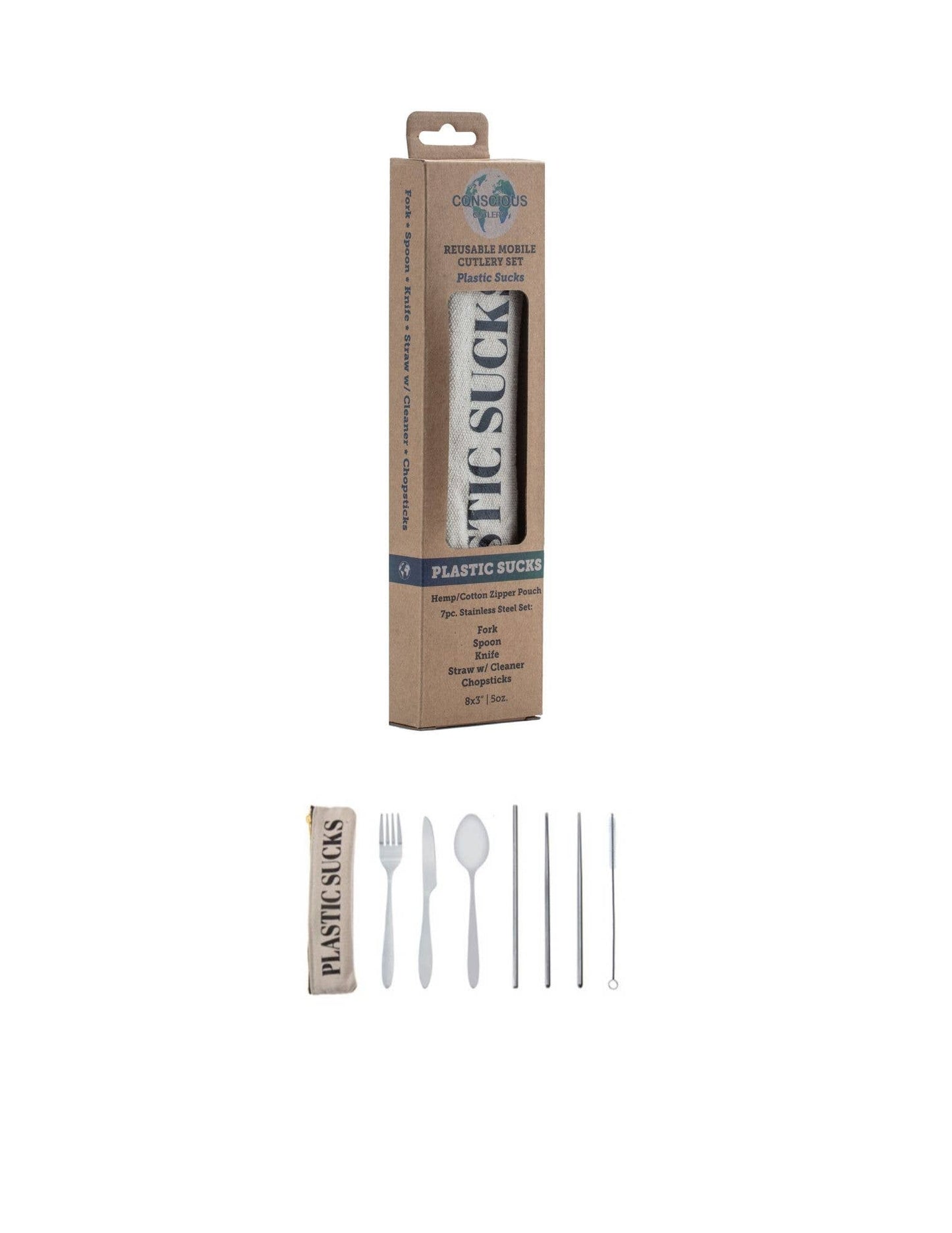 Conscious Cutlery - 7 Piece Travel Cutlery Set With Hemp Pouch Plastic Sucks